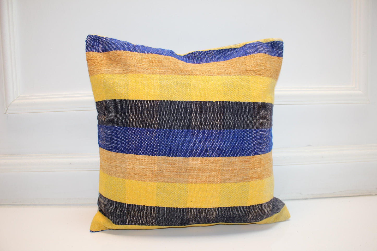 Blue Yellow Striped Cushion, Handmade Anatolian Rug Pillow, Modern Boho Home Decor(16x16 in)