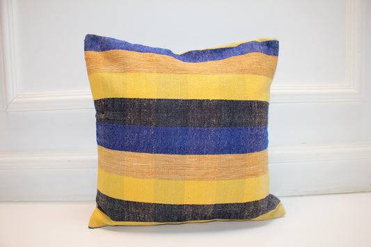 Blue Yellow Striped Cushion, Handmade Anatolian Rug Pillow, Modern Boho Home Decor(16x16 in)