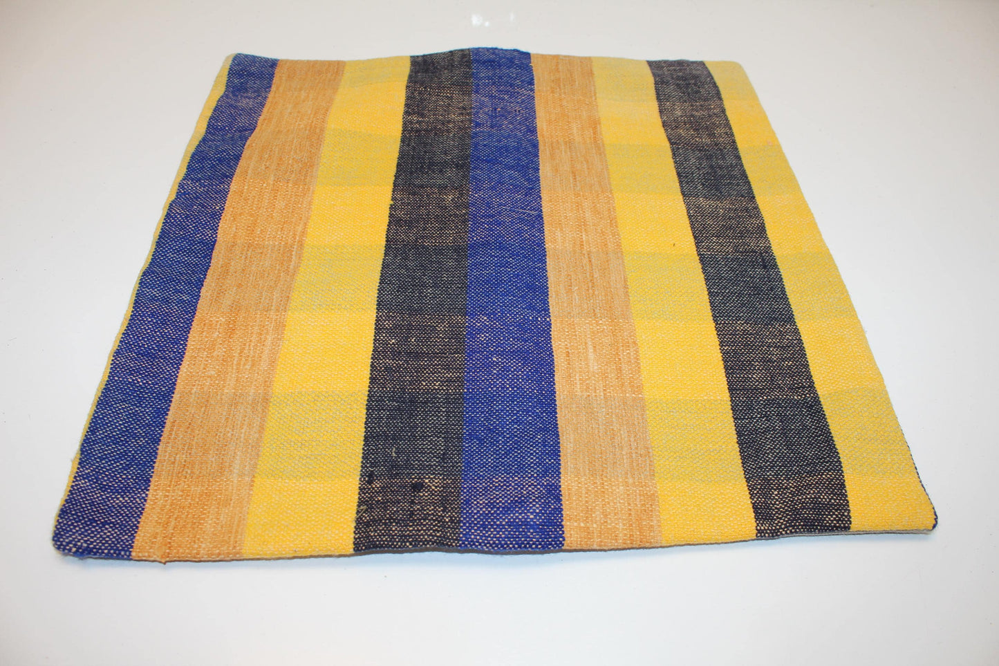Blue Yellow Striped Cushion, Handmade Anatolian Rug Pillow, Modern Boho Home Decor(16x16 in)