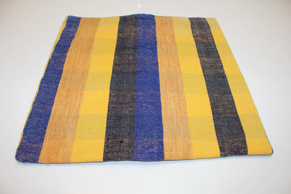 Blue Yellow Striped Cushion, Handmade Anatolian Rug Pillow, Modern Boho Home Decor(16x16 in)