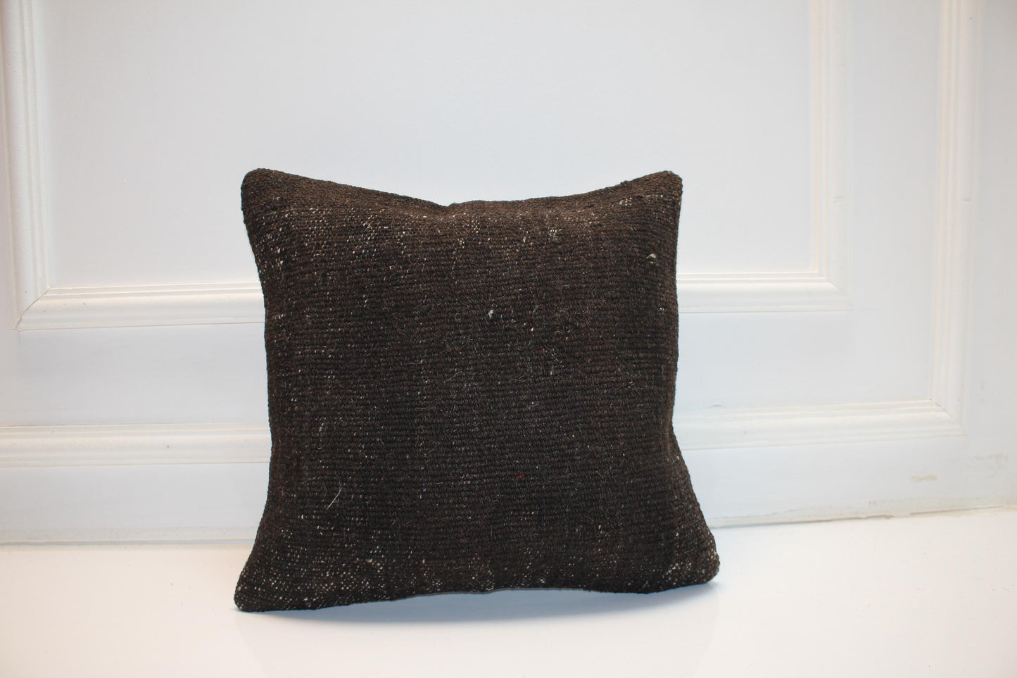Solid Dark Brown Cushion, Handmade Anatolian Rug Pillow, Minimal Rustic Home Decor(16x16 in)