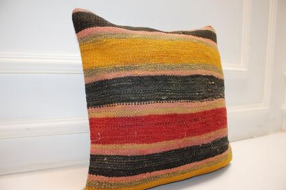 Striped Rug Cushion, Red Yellow Black Kilim Pillow, Handmade Anatolian Home Decor(16x16 in)