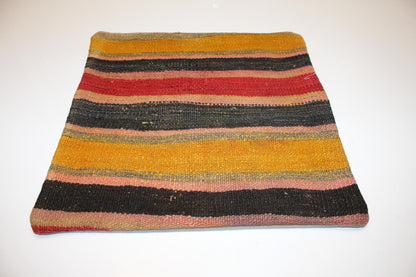 Striped Rug Cushion, Red Yellow Black Kilim Pillow, Handmade Anatolian Home Decor(16x16 in)
