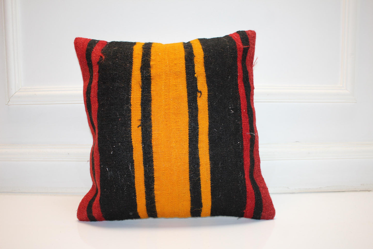 Bold Striped Rug Cushion, Black Red Yellow Kilim Pillow, Handmade Anatolian Decor(16x16 in)