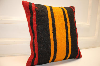 Bold Striped Rug Cushion, Black Red Yellow Kilim Pillow, Handmade Anatolian Decor(16x16 in)