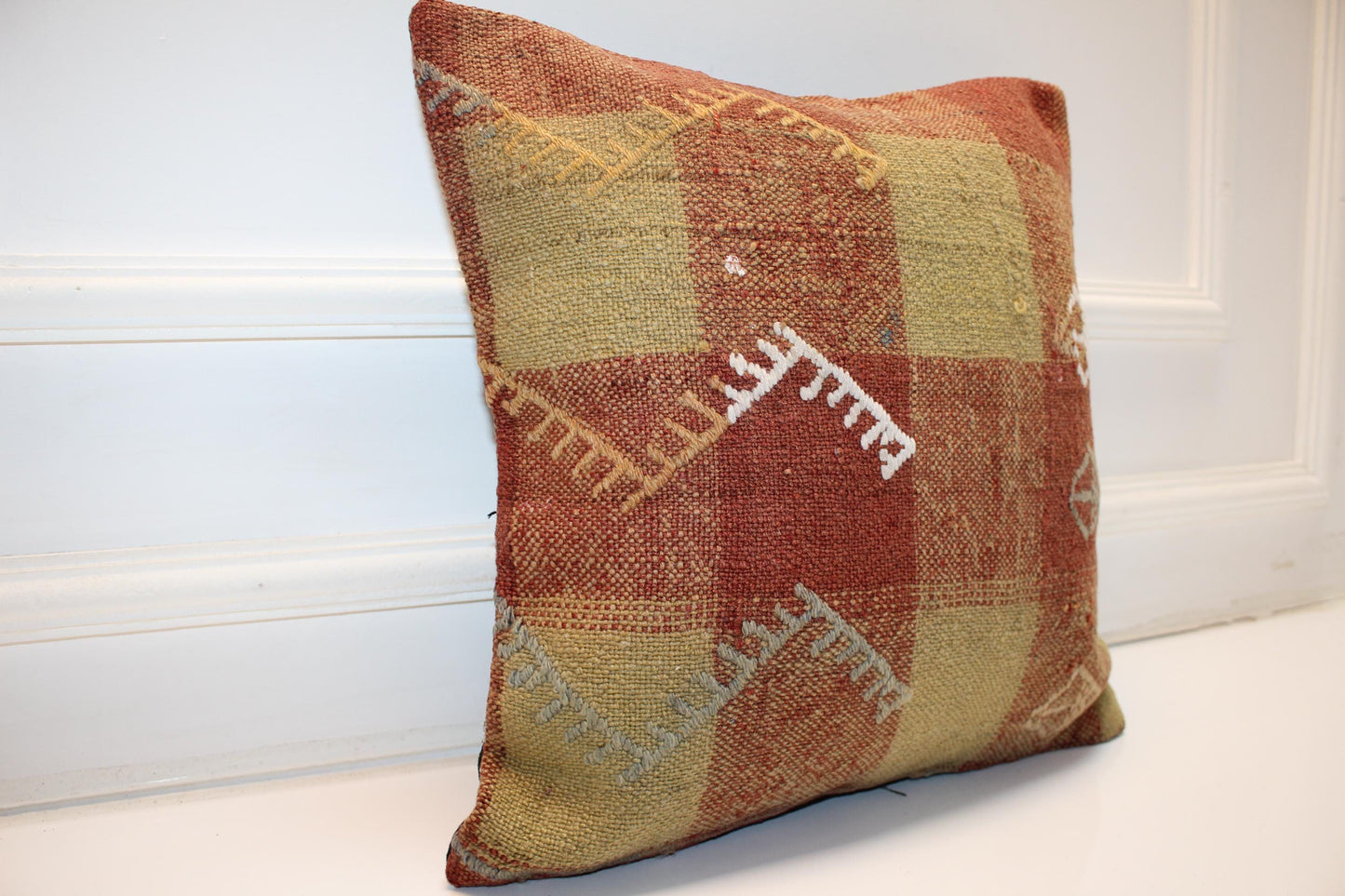 Checkered Rug Cushion, Earth Tone Kilim Pillow, Handmade Anatolian Home Decor(16x16 in)
