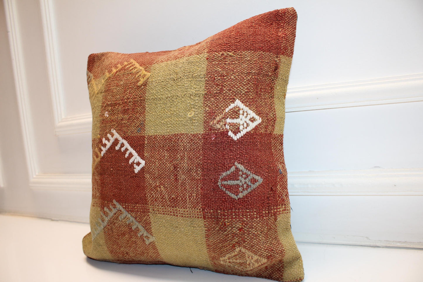 Checkered Rug Cushion, Earth Tone Kilim Pillow, Handmade Anatolian Home Decor(16x16 in)