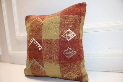 Checkered Rug Cushion, Earth Tone Kilim Pillow, Handmade Anatolian Home Decor(16x16 in)
