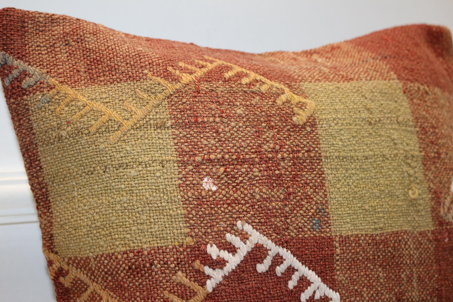 Checkered Rug Cushion, Earth Tone Kilim Pillow, Handmade Anatolian Home Decor(16x16 in)