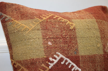 Checkered Rug Cushion, Earth Tone Kilim Pillow, Handmade Anatolian Home Decor(16x16 in)