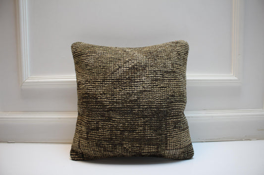 Minimal Wool Cushion, Neutral Earth Tone Kilim Pillow, Handmade Rustic Home Decor(16x16 in)
