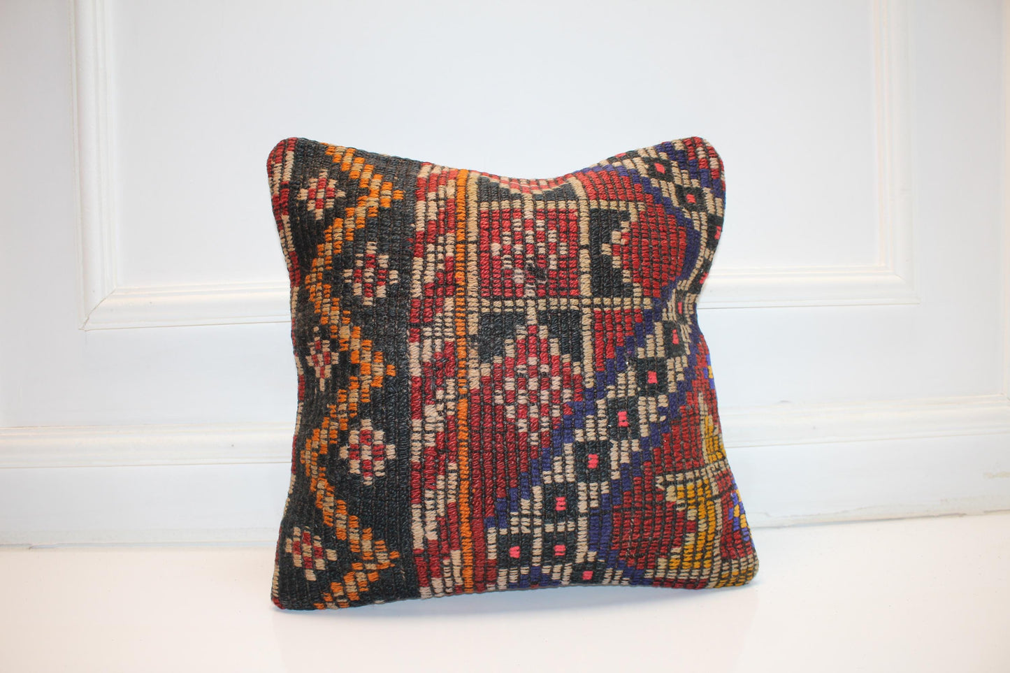 Colorful Tribal Cushion, Handmade Wool Kilim Pillow, Boho Ethnic Home Decor(16x16 in)