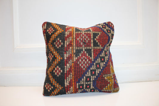 Colorful Tribal Cushion, Handmade Wool Kilim Pillow, Boho Ethnic Home Decor(16x16 in)