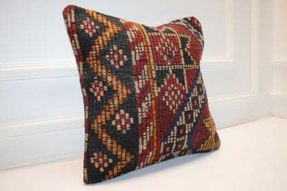 Colorful Tribal Cushion, Handmade Wool Kilim Pillow, Boho Ethnic Home Decor(16x16 in)