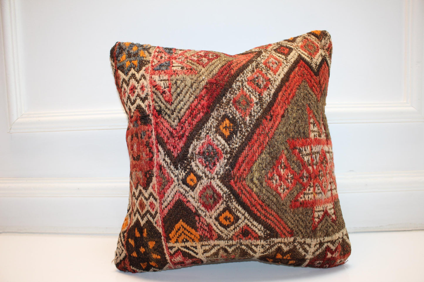Patchwork Anatolian Rug Cushion, One of a Kind Handwoven Wool Decor(16x16 in)