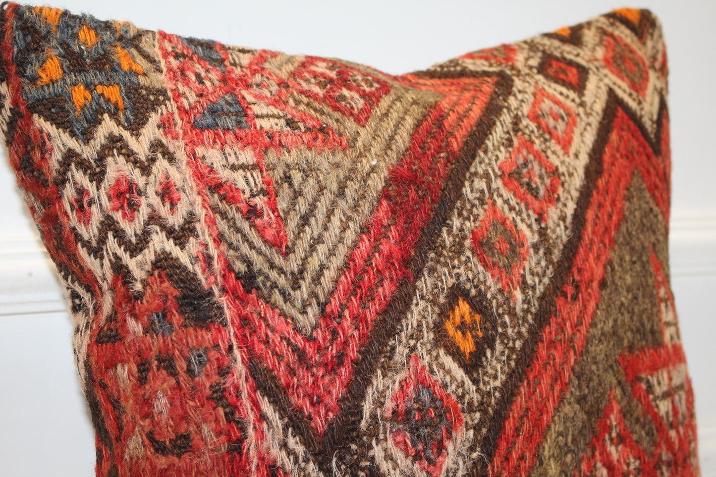 Patchwork Anatolian Rug Cushion, One of a Kind Handwoven Wool Decor(16x16 in)