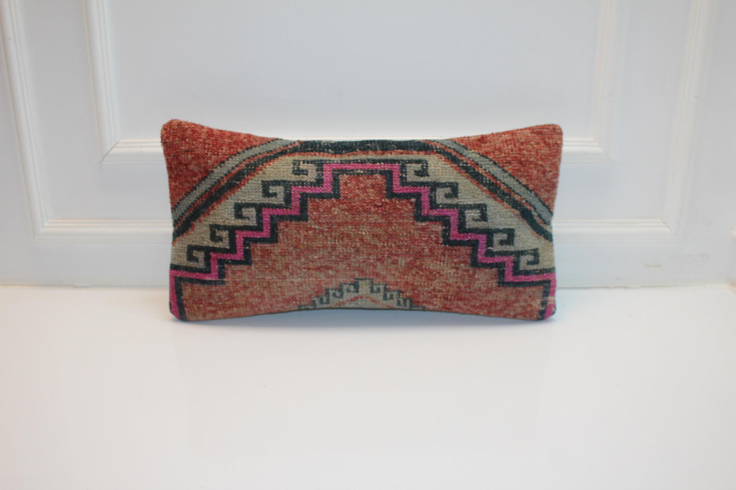 Rust & Pink Geometric Rug Cushion, Tribal Bench Pillow Decor(12x24 in)