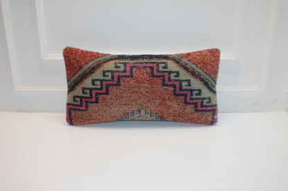 Rust & Pink Geometric Rug Cushion, Tribal Bench Pillow Decor(12x24 in)