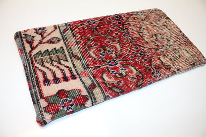 Antique Anatolian Rug Cushion, Tribal Red Medallion Bench Pillow (12x24 in)