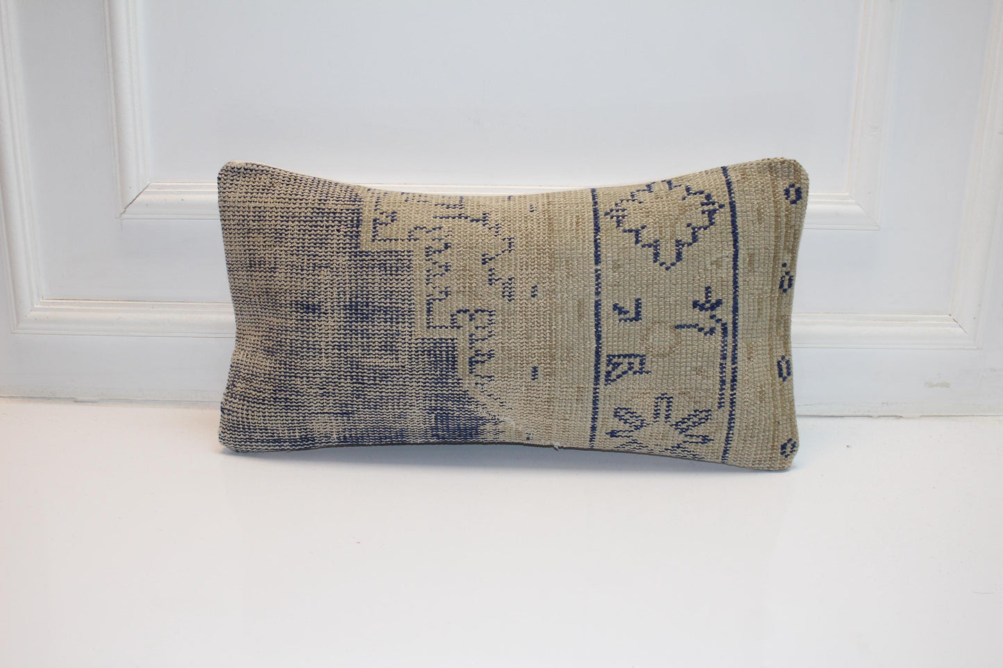 Faded Blue Tribal Rug Cushion, Neutral Anatolian Bench Pillow (12x24 in)