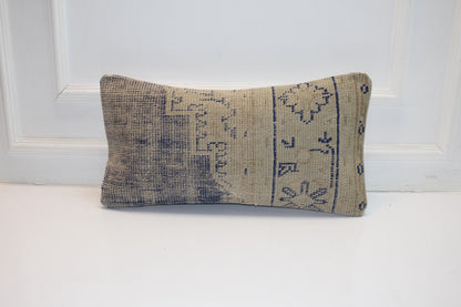 Faded Blue Tribal Rug Cushion, Neutral Anatolian Bench Pillow (12x24 in)