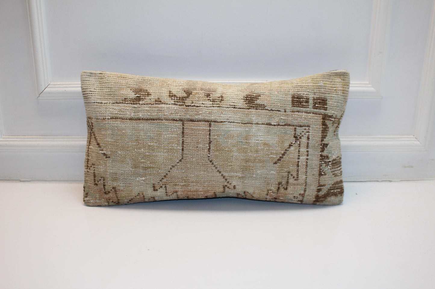 Subtle Geometric Rug Cushion, Neutral Antique Anatolian Bench Pillow(12x24 in)