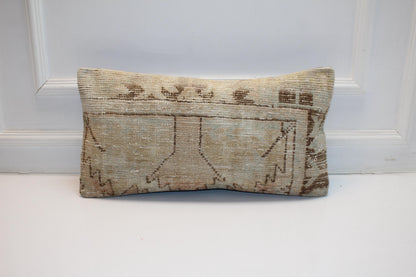 Subtle Geometric Rug Cushion, Neutral Antique Anatolian Bench Pillow(12x24 in)