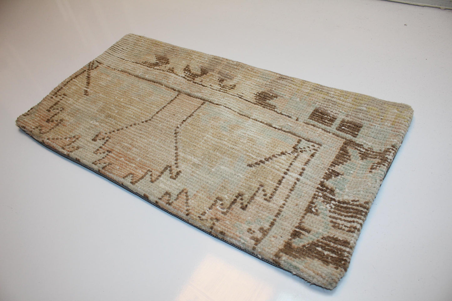 Subtle Geometric Rug Cushion, Neutral Antique Anatolian Bench Pillow(12x24 in)