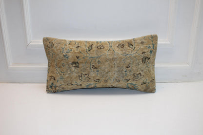 Neutral Boho Rug Cushion, Handmade Anatolian Bench Pillow(12x24 in)