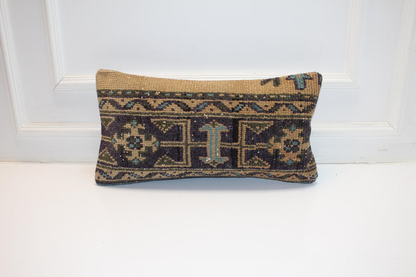 Tribal Anatolian Rug Cushion, Earthy Boho Bench Pillow(12x24 in)