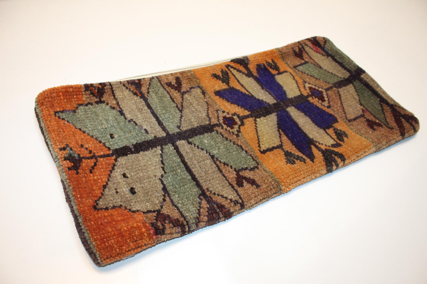 Colorful Anatolian Floral Rug Cushion, Boho Bench Pillow(12x24 in)