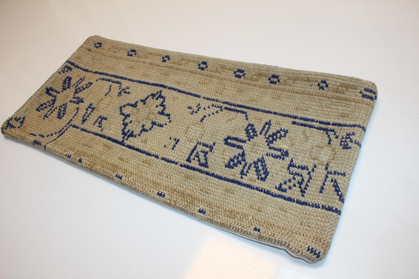 Indigo Motif Anatolian Rug Cushion, Minimal Tribal Bench Pillow(12x24 in)