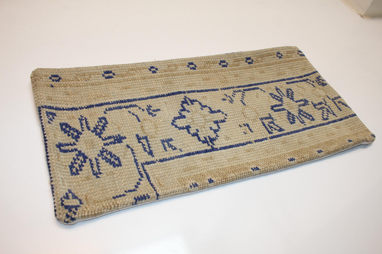 Indigo Motif Anatolian Rug Cushion, Minimal Tribal Bench Pillow(12x24 in)