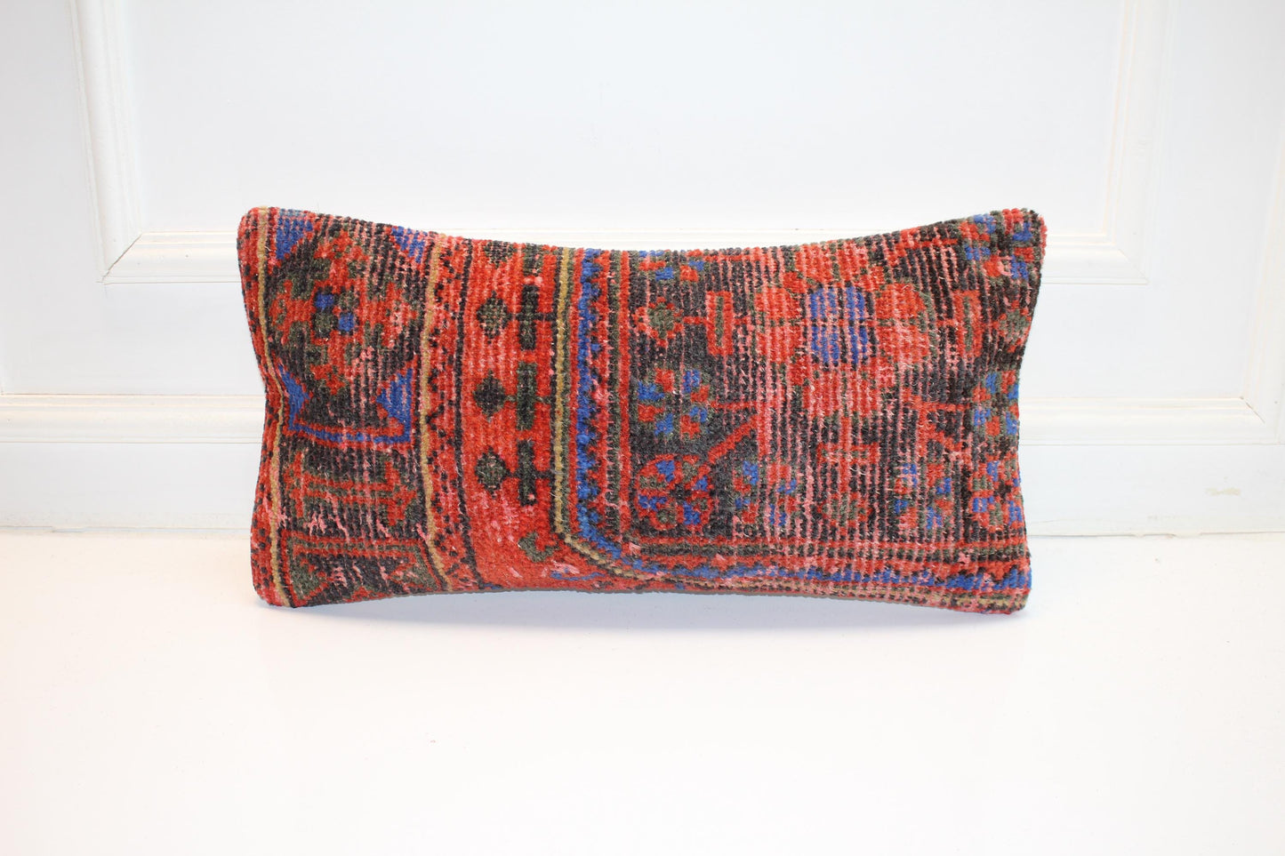 Bold Red Blue Anatolian Rug Cushion, Statement Boho Bench Pillow(12x24 in)