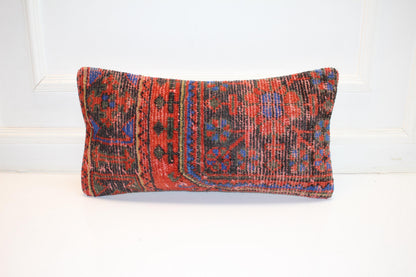 Bold Red Blue Anatolian Rug Cushion, Statement Boho Bench Pillow(12x24 in)