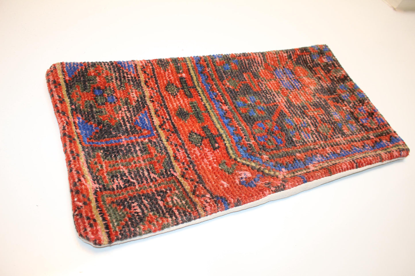 Bold Red Blue Anatolian Rug Cushion, Statement Boho Bench Pillow(12x24 in)