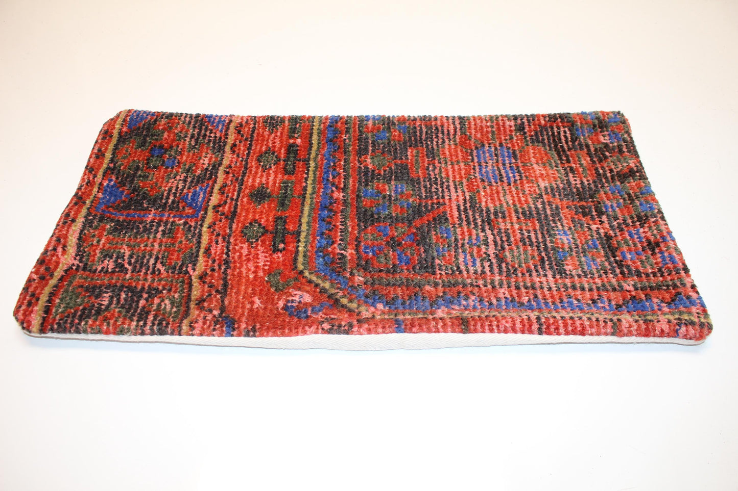 Bold Red Blue Anatolian Rug Cushion, Statement Boho Bench Pillow(12x24 in)