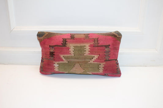 Soft Green Geometric Vintage Turkish Rug Cushion for Artistic Boho Decor 12x20