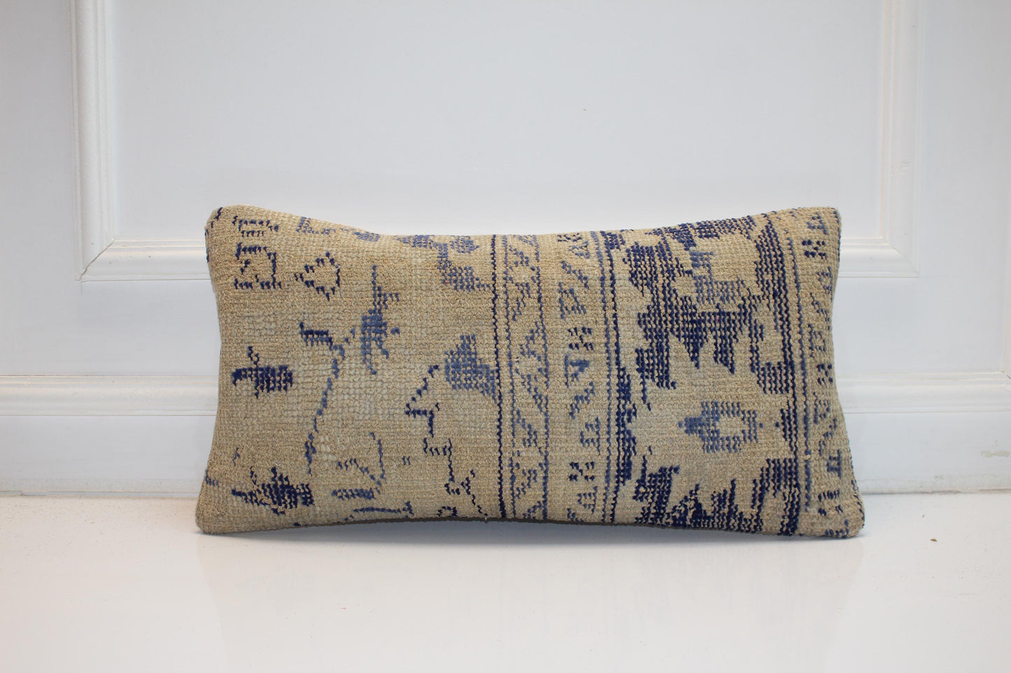 Indigo Blue Anatolian Rug Cushion, Minimal Tribal Bench Pillow Decor(12x24 in)