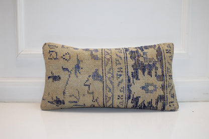Indigo Blue Anatolian Rug Cushion, Minimal Tribal Bench Pillow Decor(12x24 in)