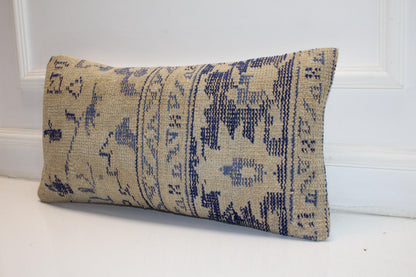 Indigo Blue Anatolian Rug Cushion, Minimal Tribal Bench Pillow Decor(12x24 in)