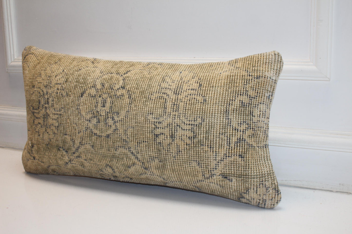 Faded Floral Anatolian Rug Cushion, Soft Neutral Bench Accent(12x24 in)