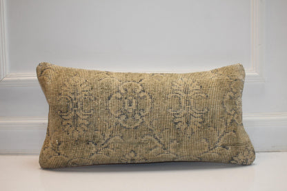 Faded Floral Anatolian Rug Cushion, Soft Neutral Bench Accent(12x24 in)