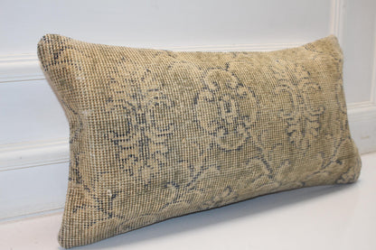 Faded Floral Anatolian Rug Cushion, Soft Neutral Bench Accent(12x24 in)