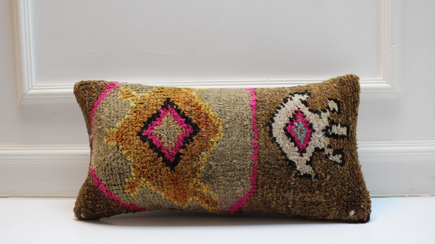 High Pile Textured Anatolian Motif Cushion with Pink Accents for Bench(12x24 in)