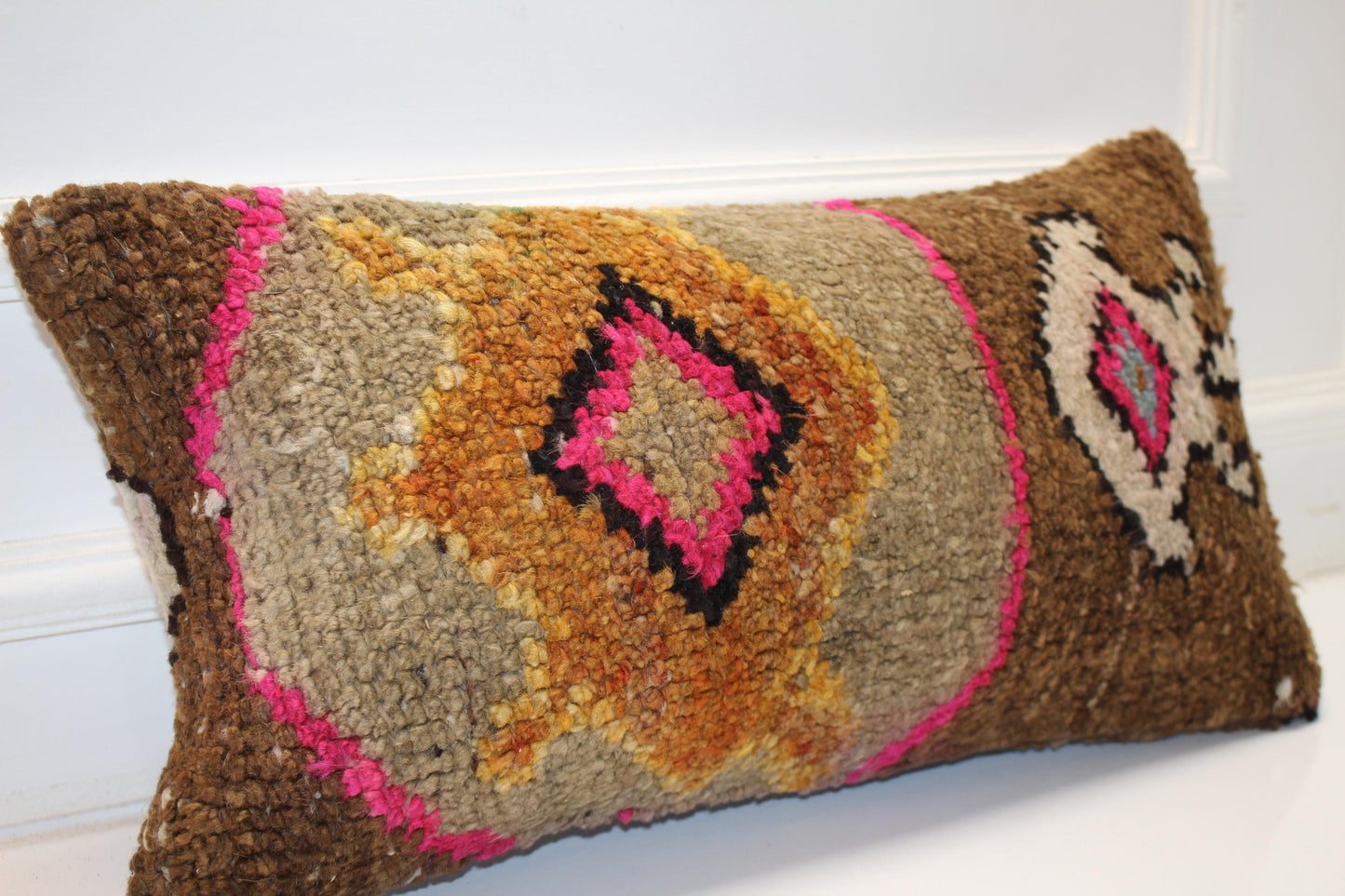 High Pile Textured Anatolian Motif Cushion with Pink Accents for Bench(12x24 in)