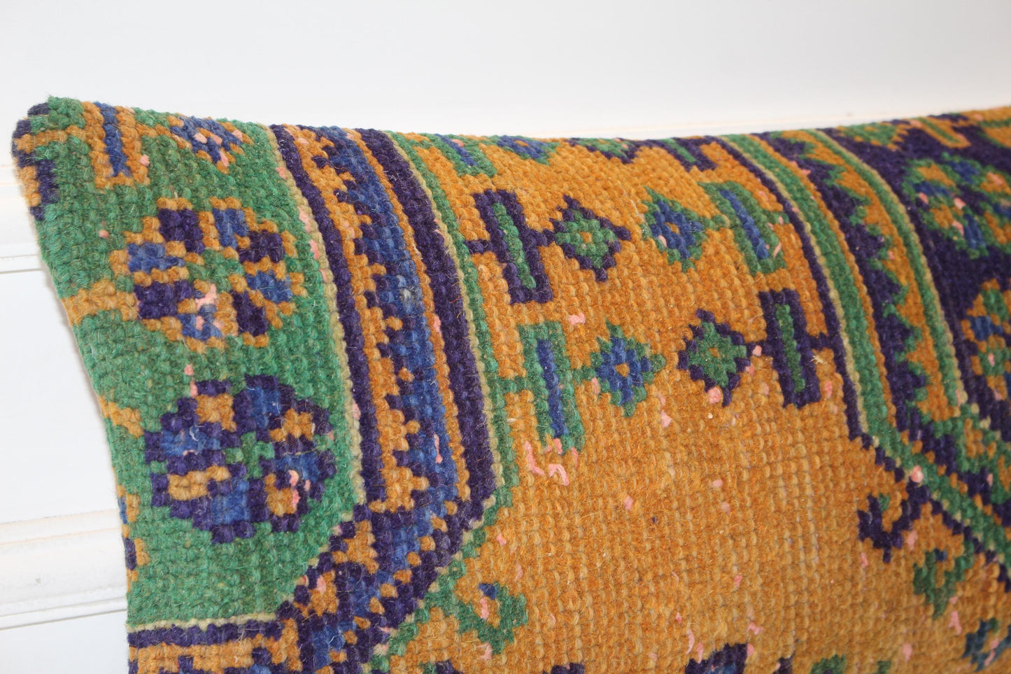 Mustard Ground Anatolian Pattern Cushion with Green Blue Motifs for Bench Decor(12x24 in)