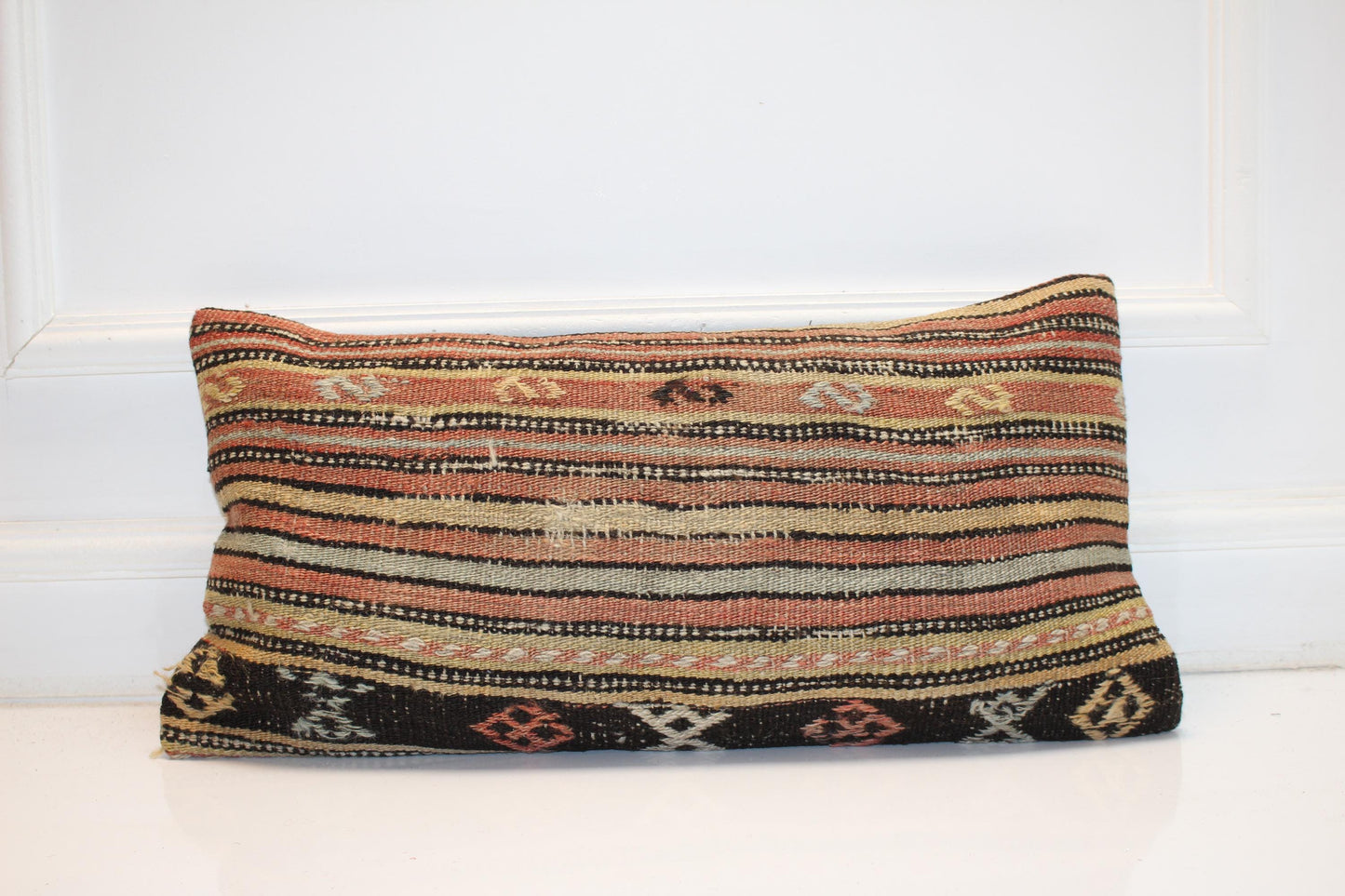 Fine Stripe Anatolian Weave Cushion with Ethnic Details for Bench Decor(12x24 in)