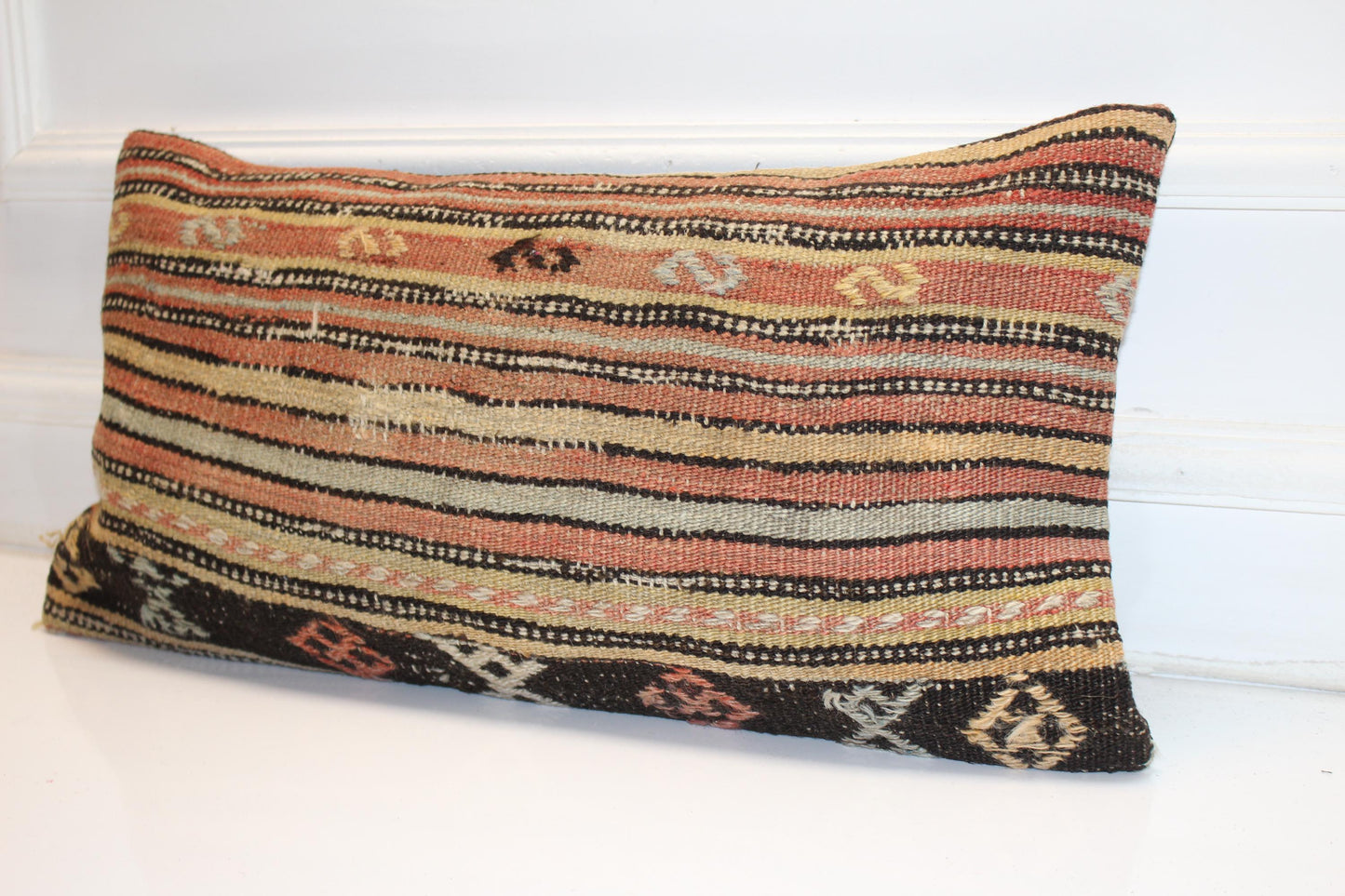 Fine Stripe Anatolian Weave Cushion with Ethnic Details for Bench Decor(12x24 in)