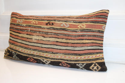 Fine Stripe Anatolian Weave Cushion with Ethnic Details for Bench Decor(12x24 in)